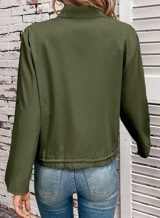 Stand Collar Zip Up Cropped Jacket - Green - 3