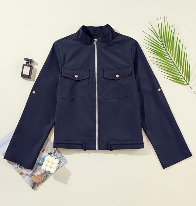 Stand Collar Zip Up Cropped Jacket - NavyBlue