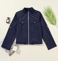 Stand Collar Zip Up Cropped Jacket - NavyBlue
