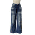 Floral Embroidered High Waist Wide Leg Jeans - Blue