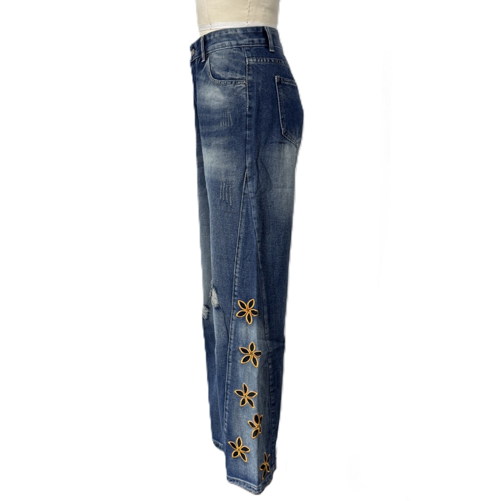 Floral Embroidered High Waist Wide Leg Jeans - Blue - 1