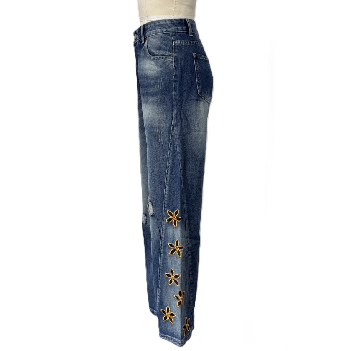 Floral Embroidered High Waist Wide Leg Jeans - Blue - 1