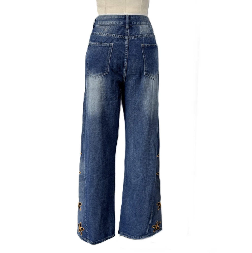 Floral Embroidered High Waist Wide Leg Jeans - Blue - 2