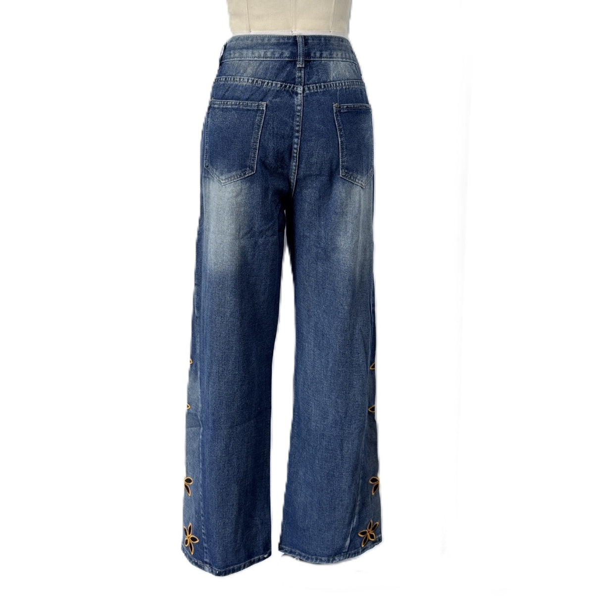 Floral Embroidered High Waist Wide Leg Jeans - Blue - 2