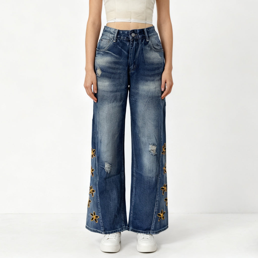 Floral Embroidered High Waist Wide Leg Jeans