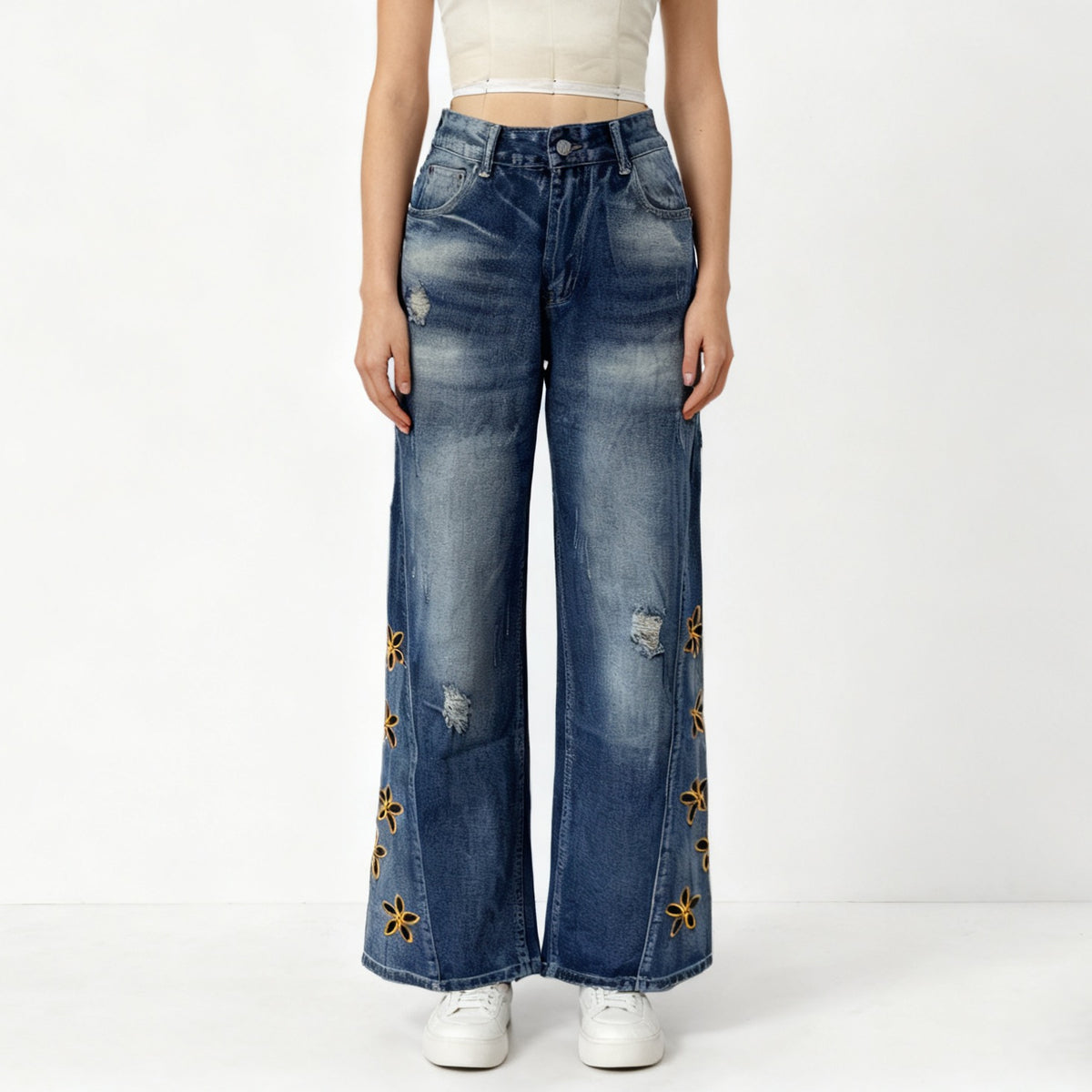 Floral Embroidered High Waist Wide Leg Jeans