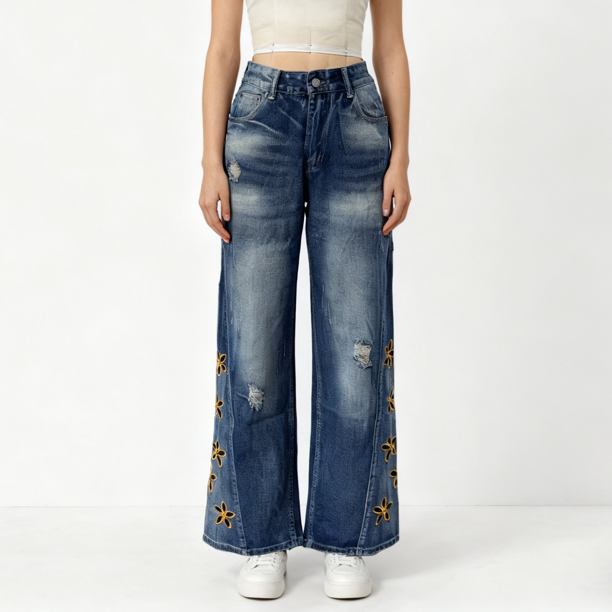 Floral Embroidered High Waist Wide Leg Jeans - view 1