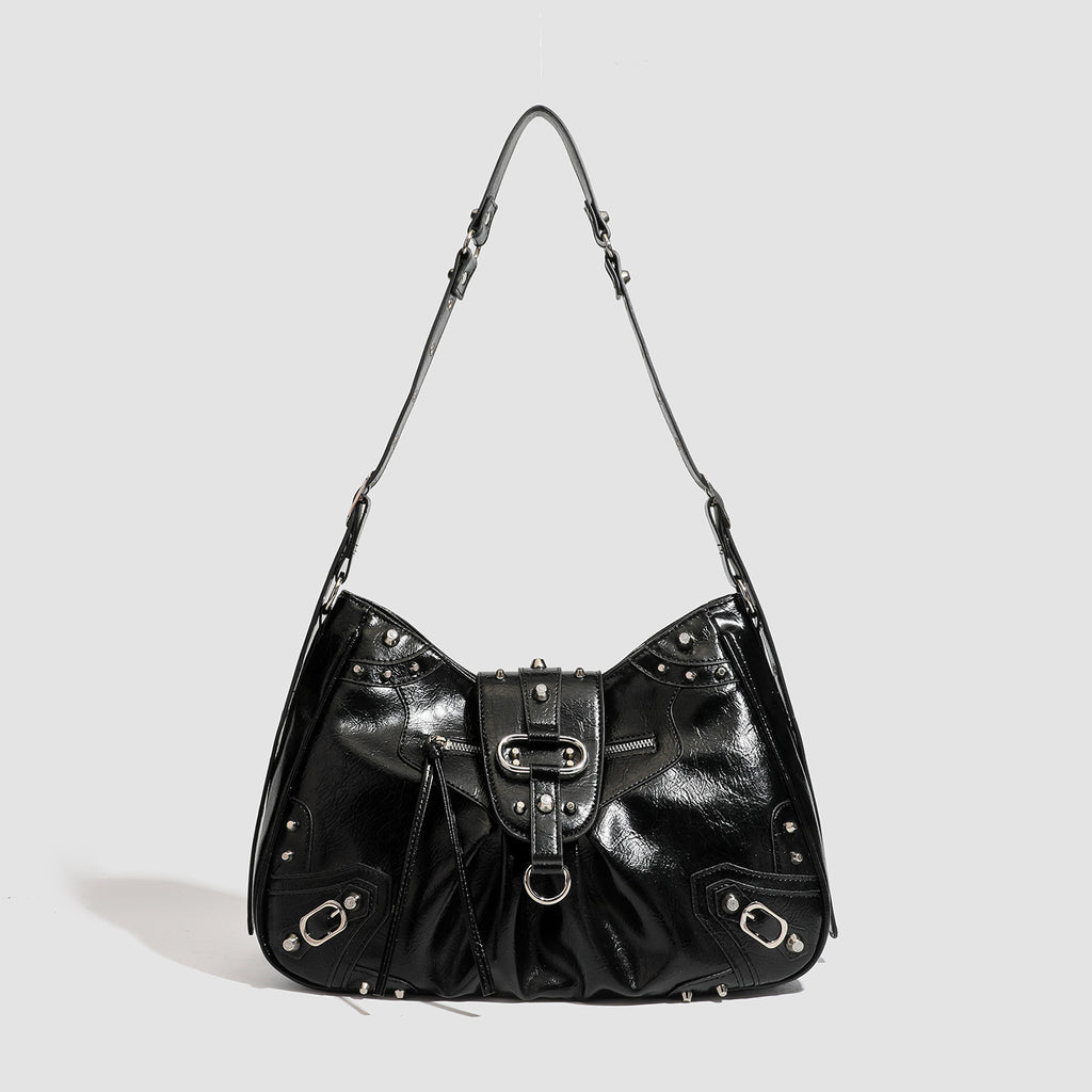 Studded Buckle Slouchy Hobo Shoulder Bag - Black