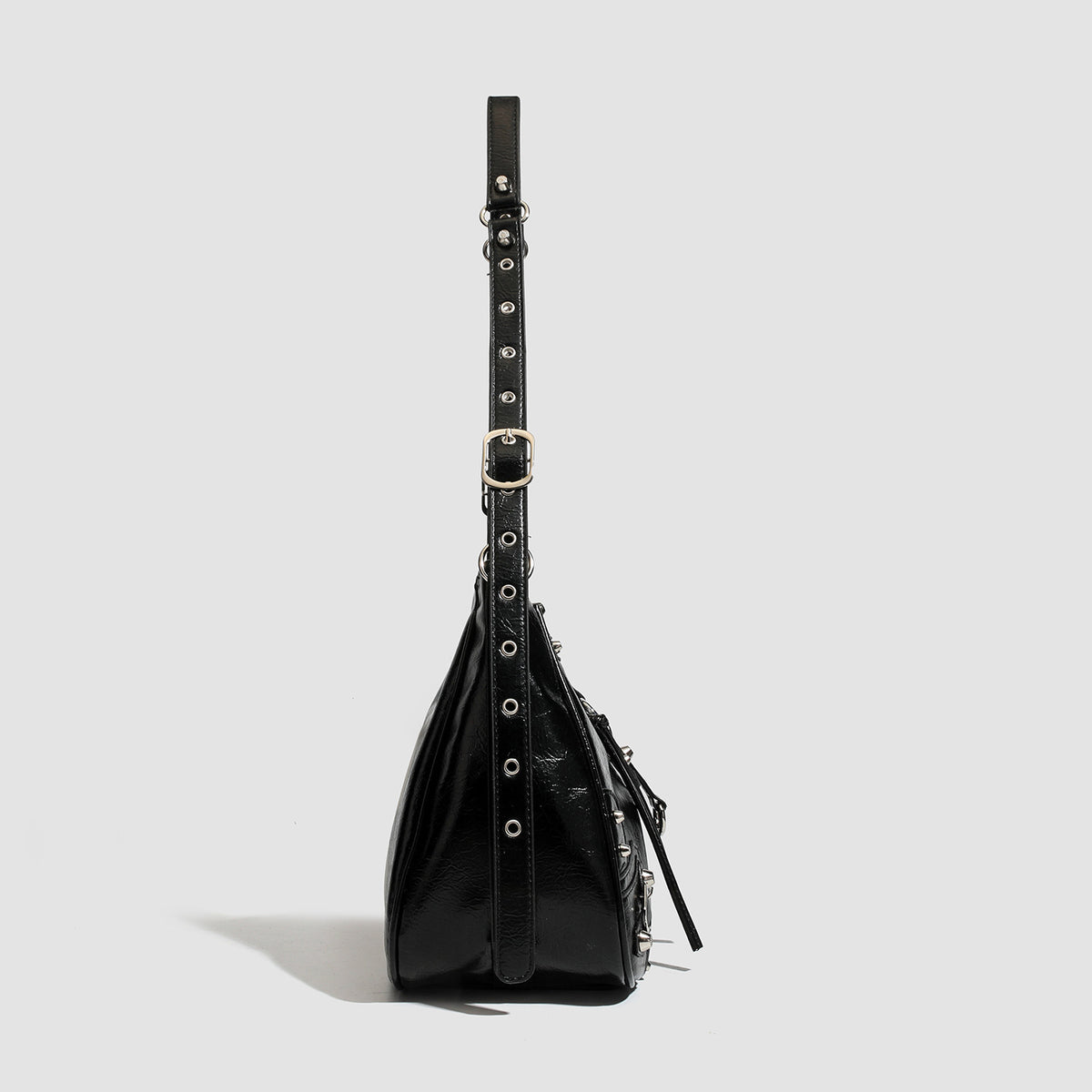 Studded Buckle Slouchy Hobo Shoulder Bag - Black - 2
