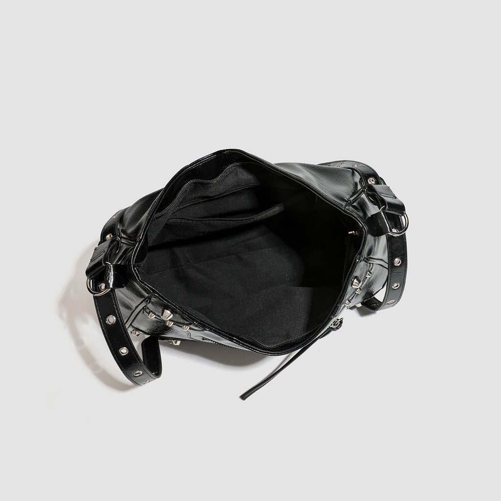 Studded Buckle Slouchy Hobo Shoulder Bag - Black - 3