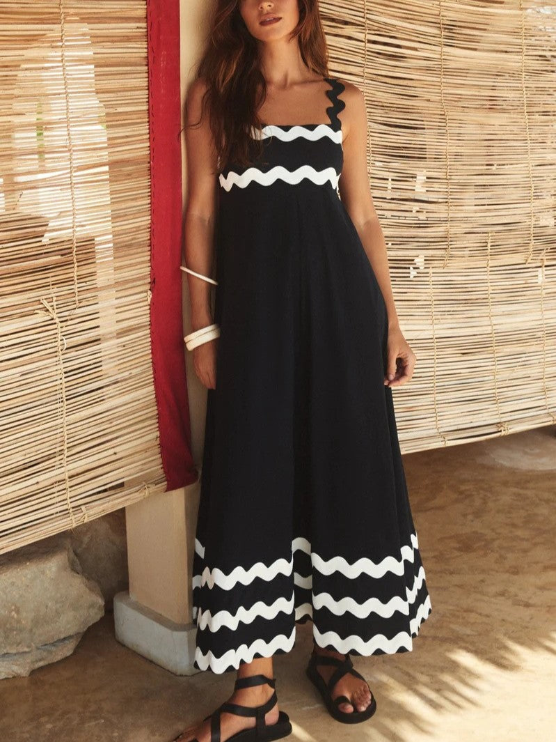 Ric Rac Trim Smocked Bodice Maxi Dress - Black
