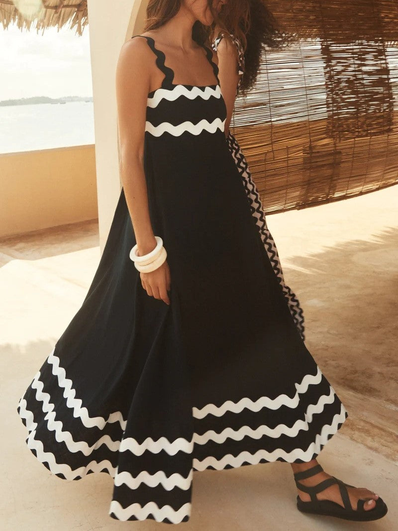 Ric Rac Trim Smocked Bodice Maxi Dress - Black - 2