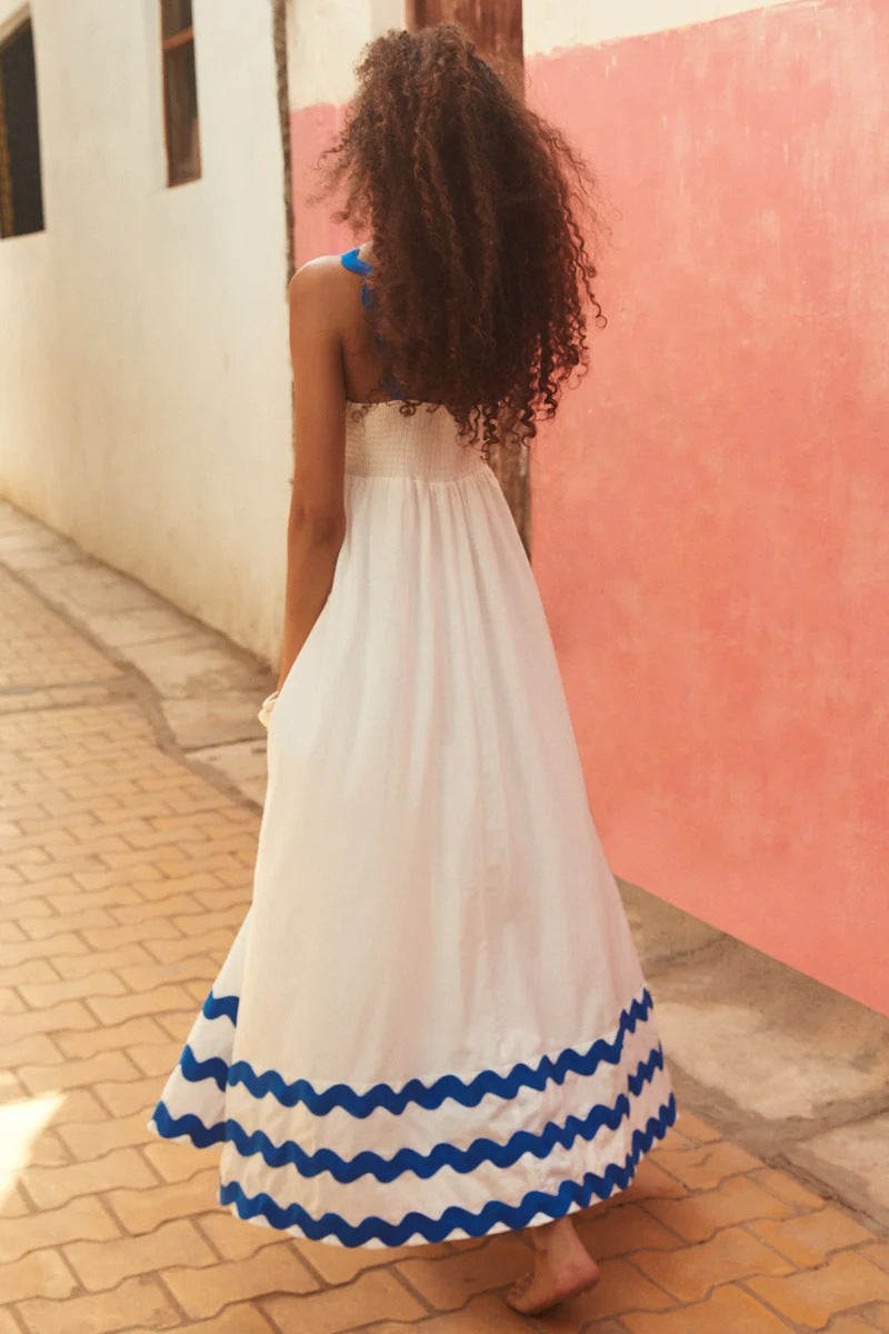Ric Rac Trim Smocked Bodice Maxi Dress - Blue White - 2