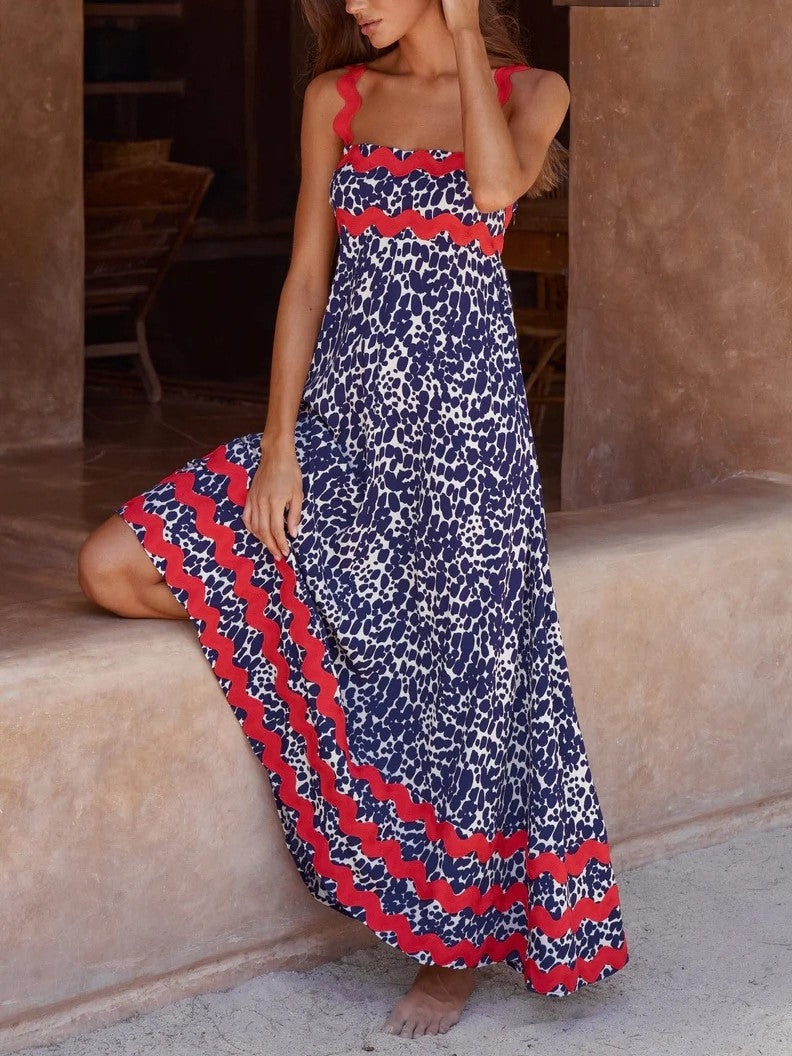 Ric Rac Trim Smocked Bodice Maxi Dress - Deep Blue