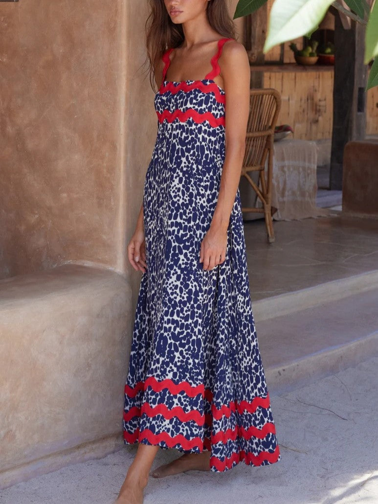 Ric Rac Trim Smocked Bodice Maxi Dress - Deep Blue - 2