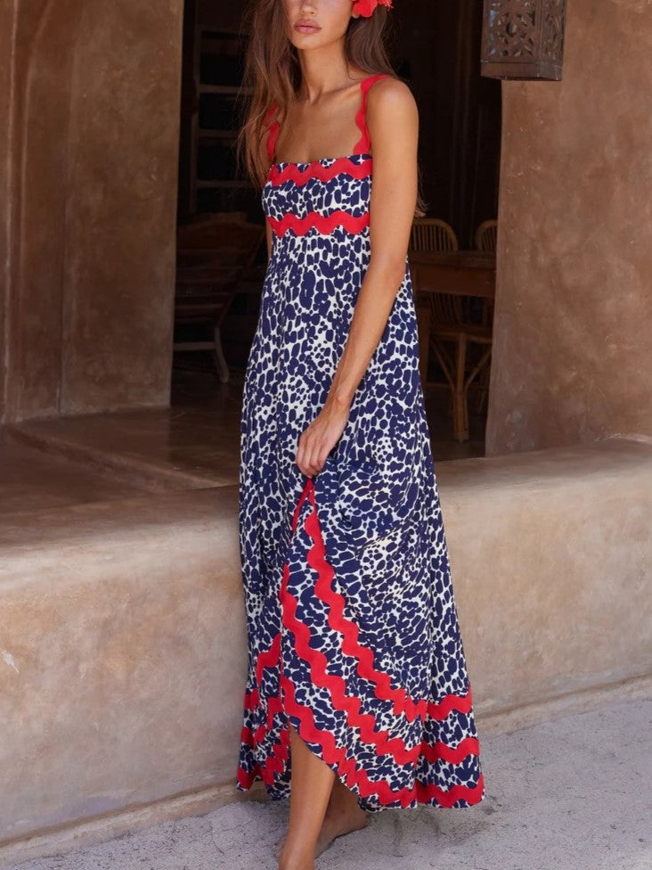 Ric Rac Trim Smocked Bodice Maxi Dress - Deep Blue - 3