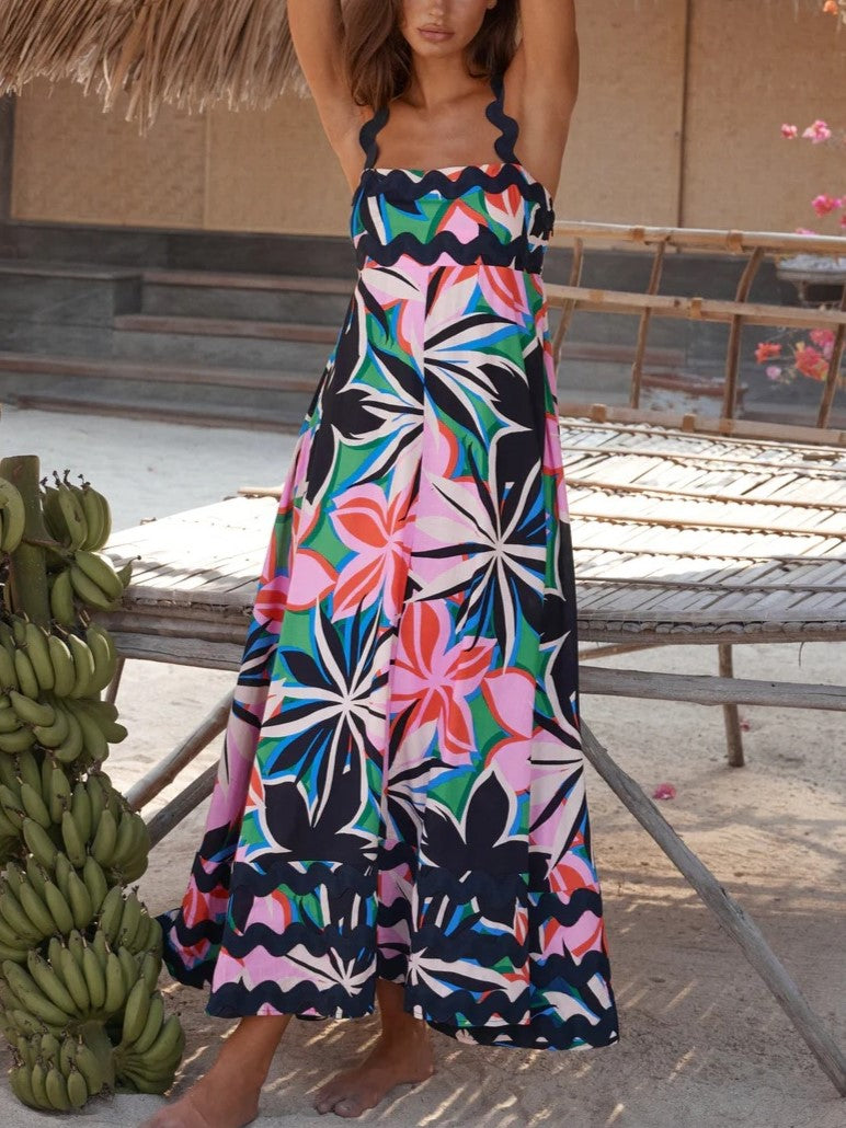 Ric Rac Trim Smocked Bodice Maxi Dress - Floral