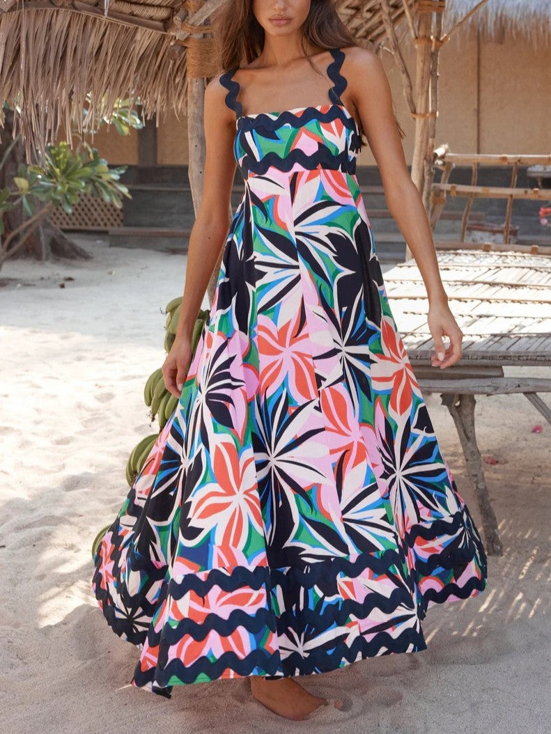 Ric Rac Trim Smocked Bodice Maxi Dress - Floral - 1