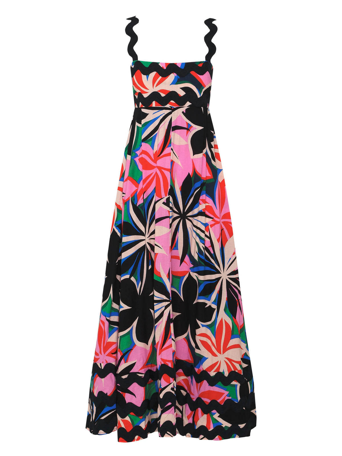 Ric Rac Trim Smocked Bodice Maxi Dress - Floral - 4