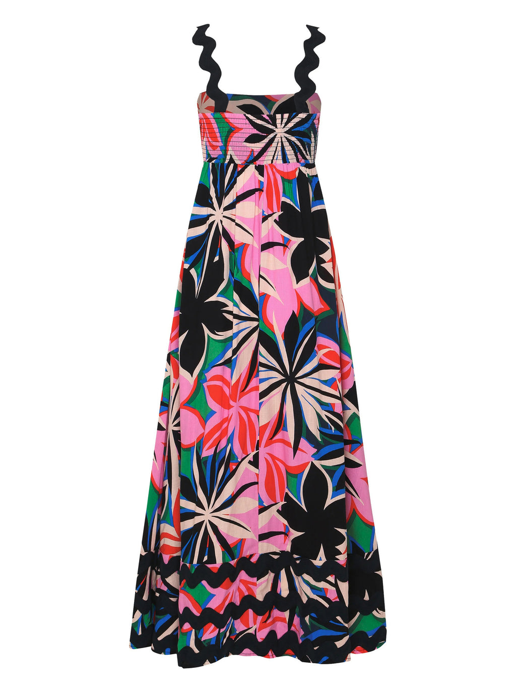 Ric Rac Trim Smocked Bodice Maxi Dress - Floral - 5