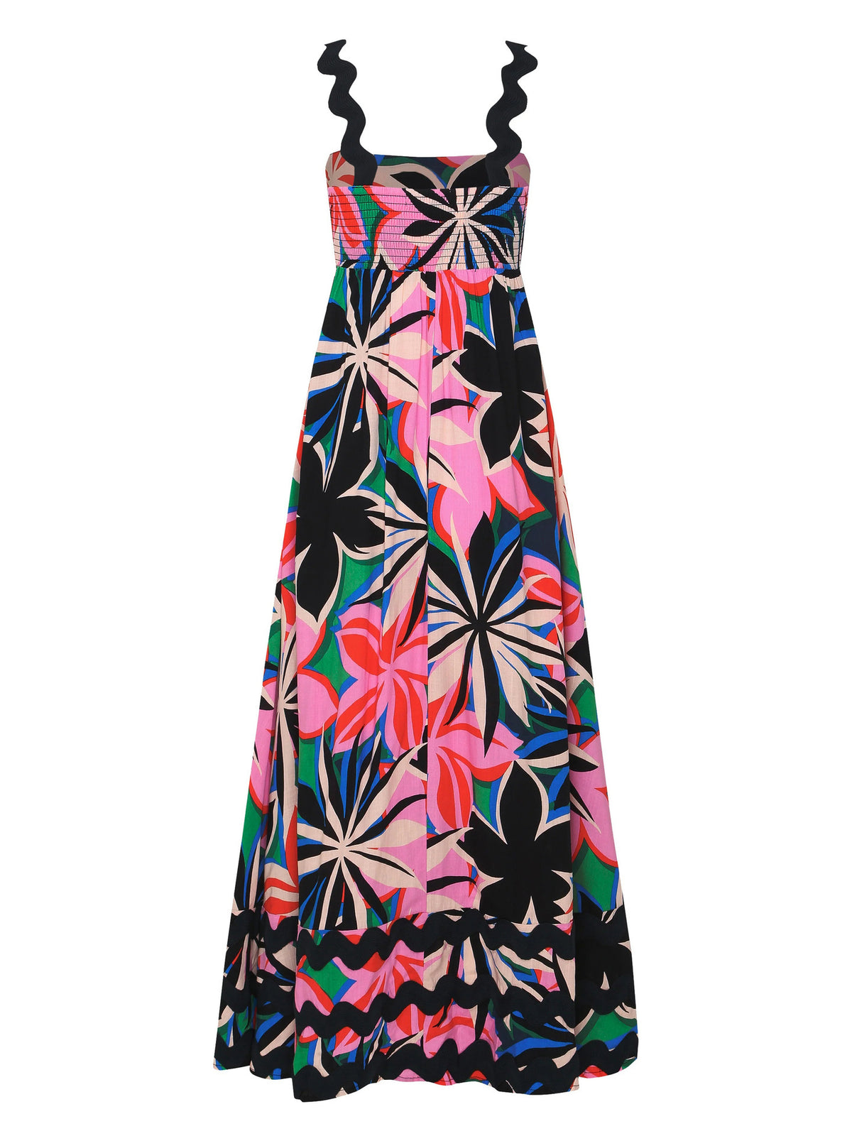 Ric Rac Trim Smocked Bodice Maxi Dress - Floral - 5