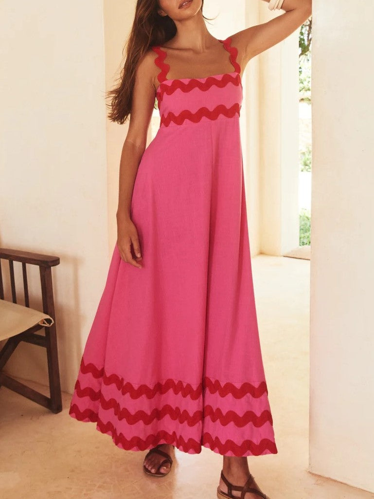 Ric Rac Trim Smocked Bodice Maxi Dress - Rose