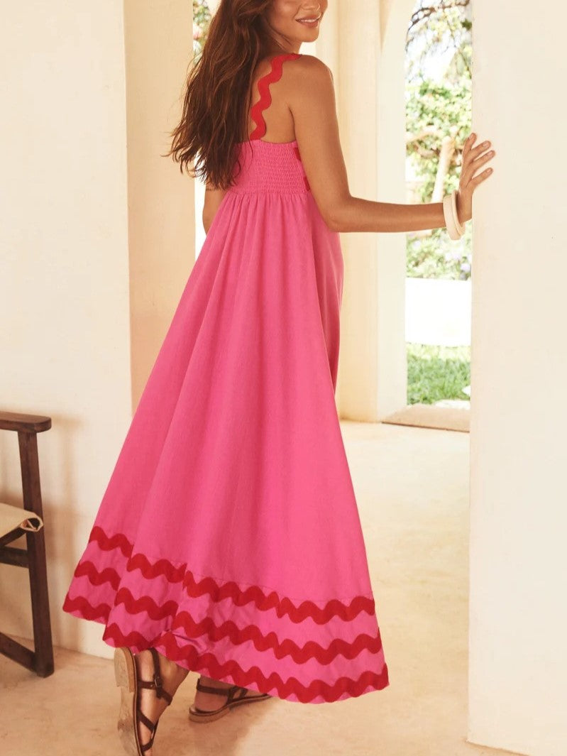 Ric Rac Trim Smocked Bodice Maxi Dress - Rose - 1