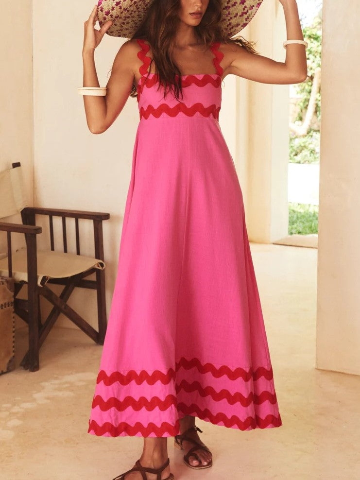 Ric Rac Trim Smocked Bodice Maxi Dress - Rose - 2