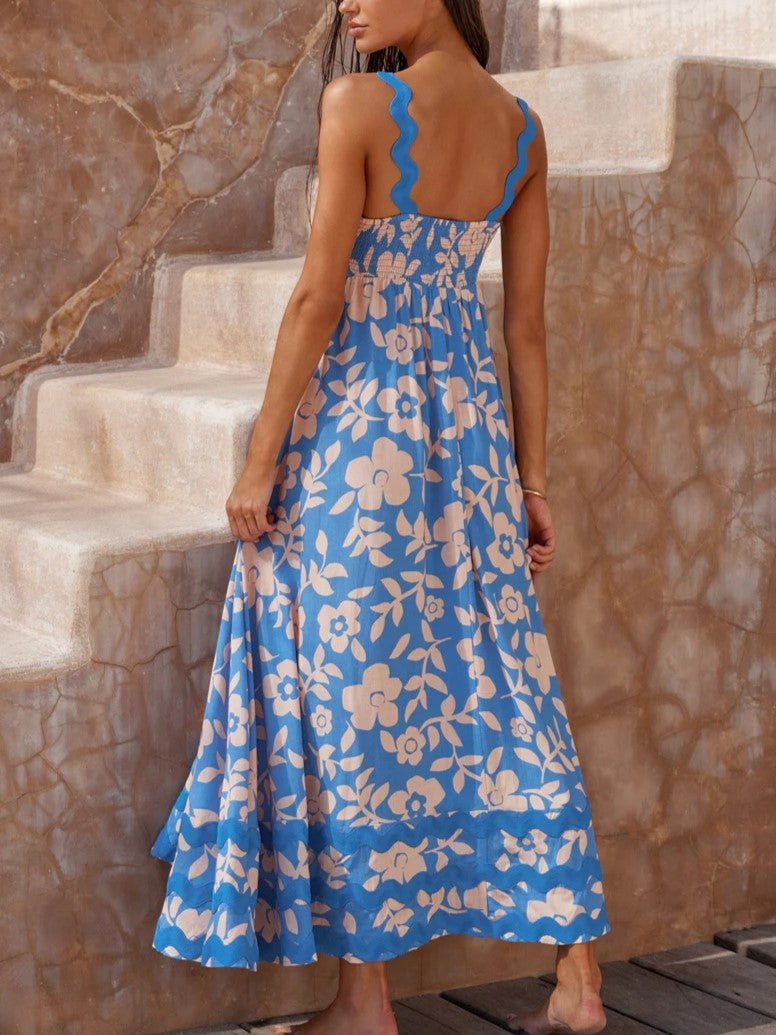 Ric Rac Trim Smocked Bodice Maxi Dress - Sky Blue - 1