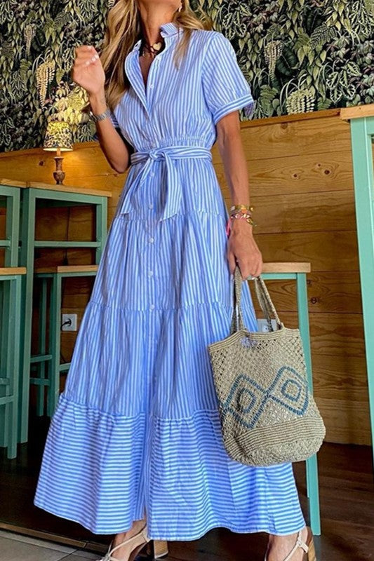 Pinstripe Belted Tiered Maxi Shirt Dress - Blue
