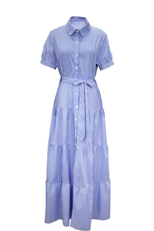 Pinstripe Belted Tiered Maxi Shirt Dress - Blue - 3