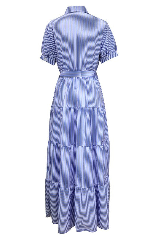Pinstripe Belted Tiered Maxi Shirt Dress - Blue - 5