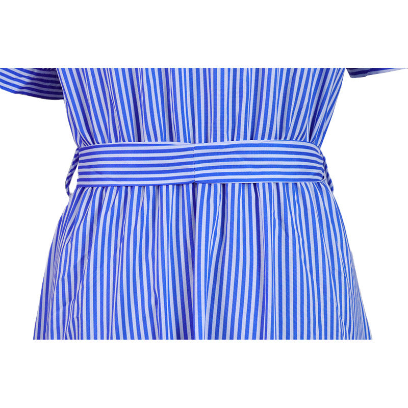 Pinstripe Belted Tiered Maxi Shirt Dress - Blue - 6