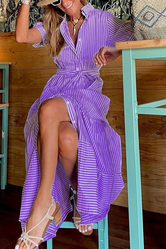 Pinstripe Belted Tiered Maxi Shirt Dress - Purple - 1