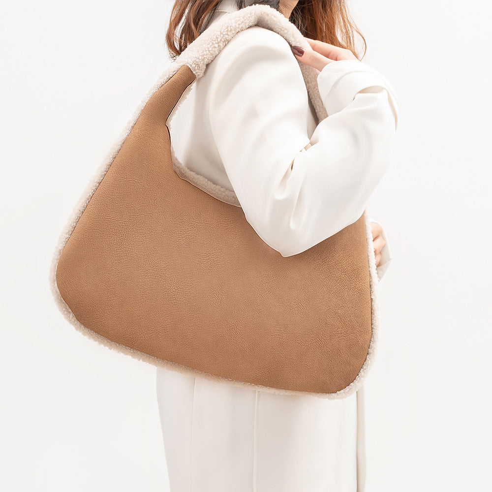 Shearling Trim Suede Look Shoulder Bag