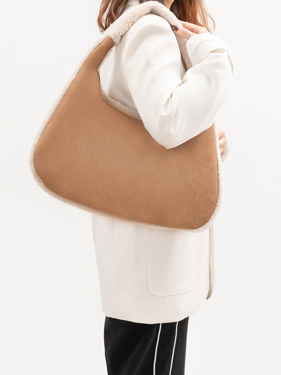 Shearling Trim Suede Look Shoulder Bag - view 5