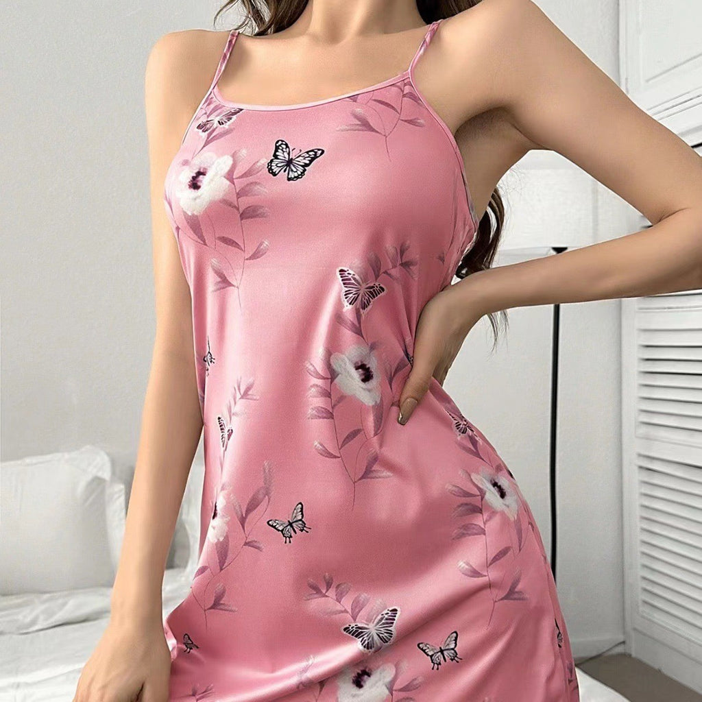 Pink Butterfly Print Stretch Knit Cami Slip Nightgown