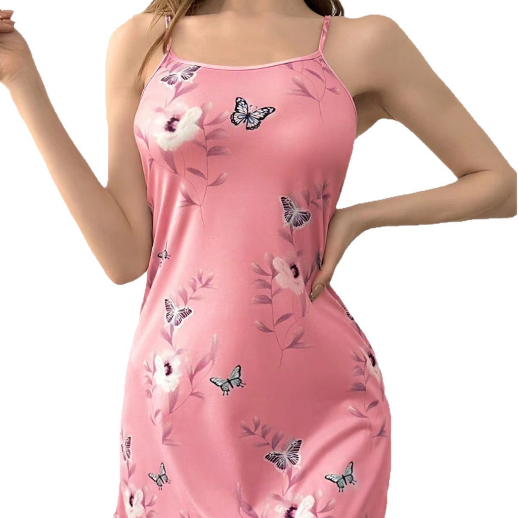 Pink Butterfly Print Stretch Knit Cami Slip Nightgown