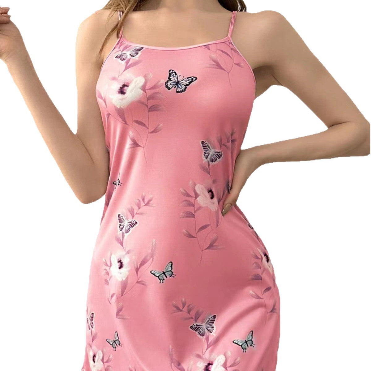 Pink Butterfly Print Stretch Knit Cami Slip Nightgown