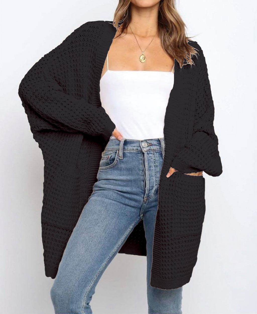 Chunky Waffle Knit Duster Cardigan With Pockets - Black