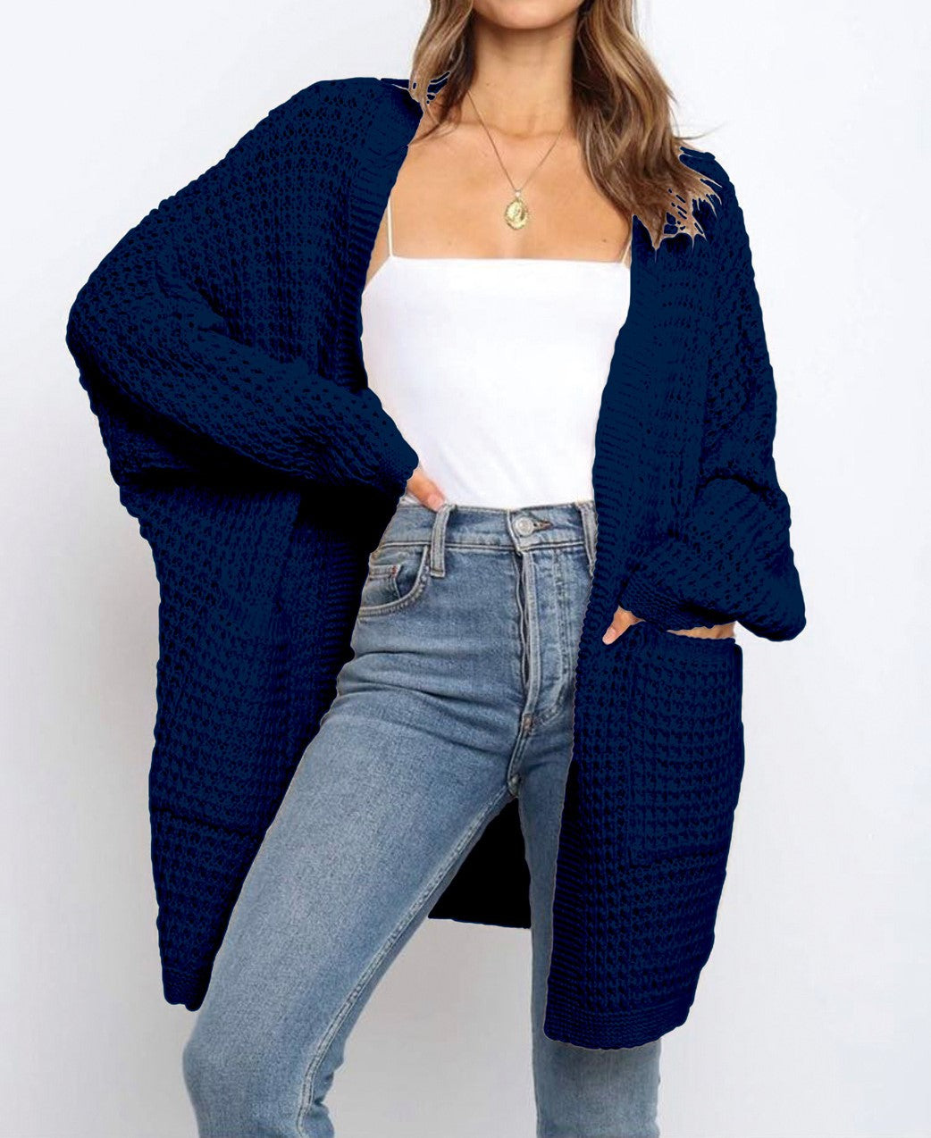 Chunky Waffle Knit Duster Cardigan With Pockets - DarkBlue