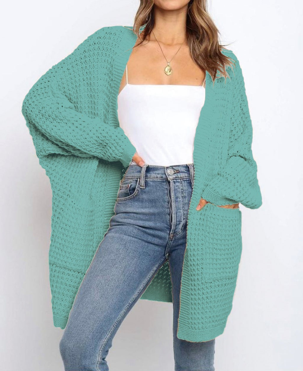 Chunky Waffle Knit Duster Cardigan With Pockets - Green