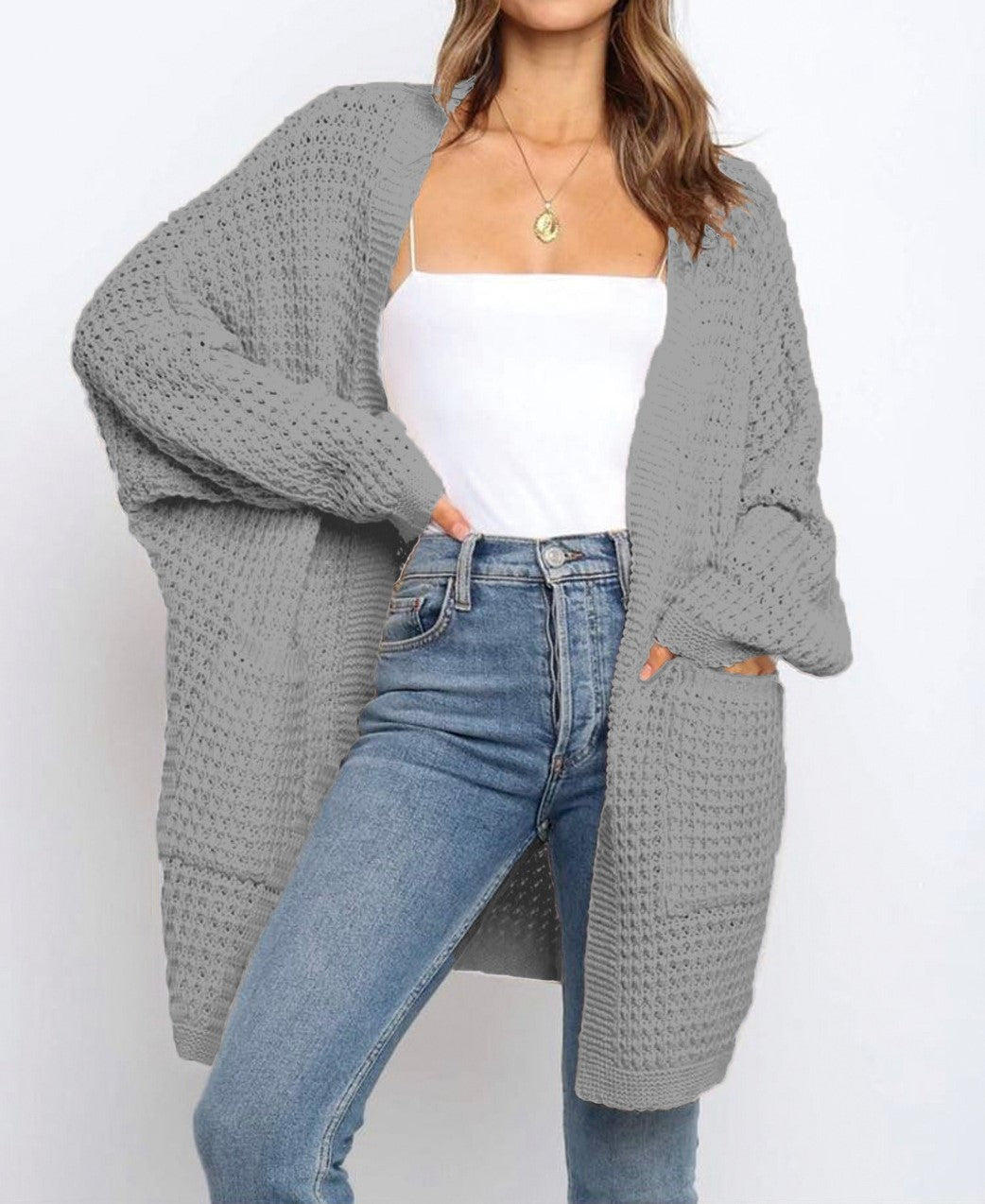Chunky Waffle Knit Duster Cardigan With Pockets - Grey