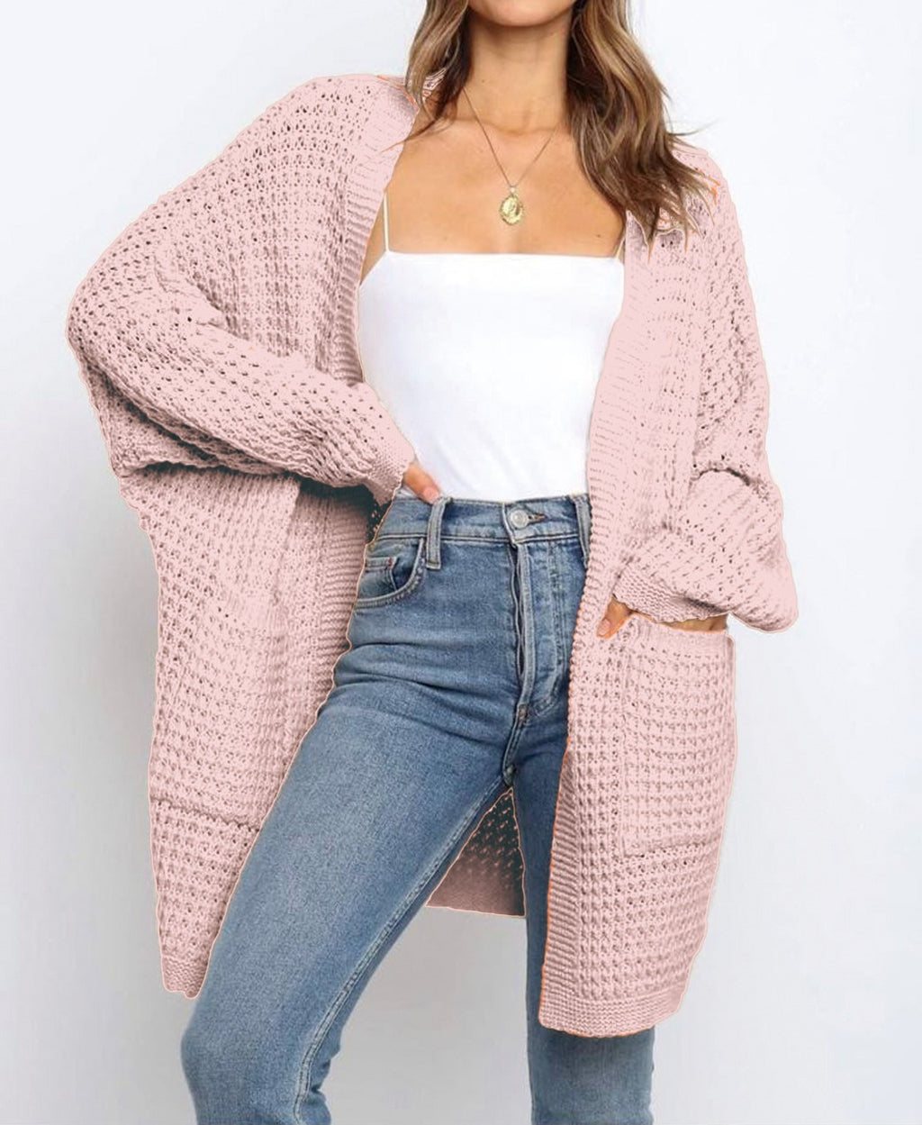 Chunky Waffle Knit Duster Cardigan With Pockets - Pink