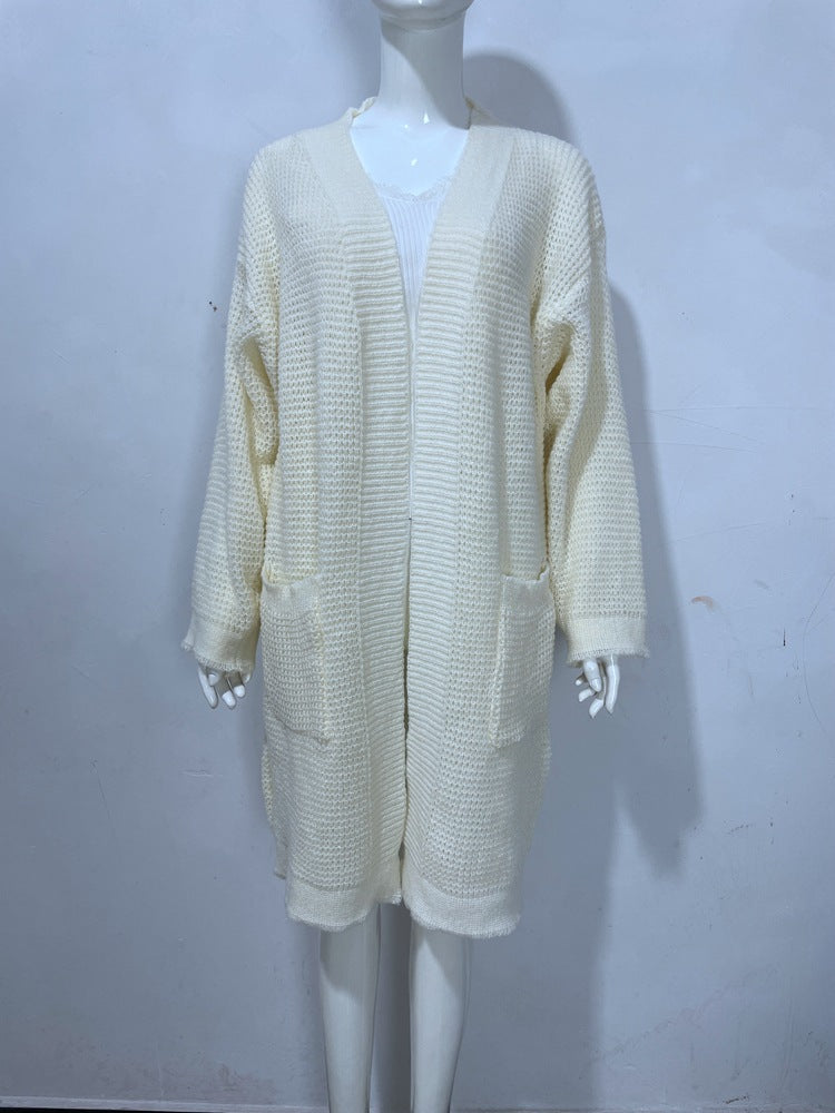 Chunky Waffle Knit Duster Cardigan With Pockets - White - 1
