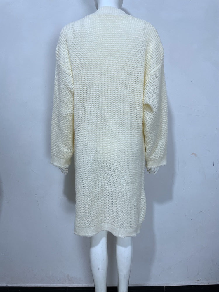 Chunky Waffle Knit Duster Cardigan With Pockets - White - 2