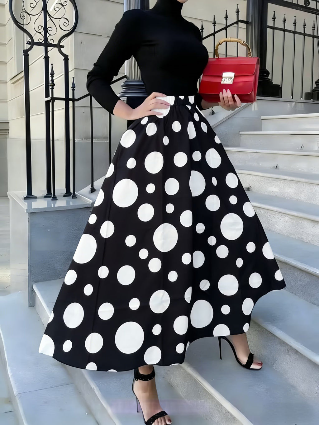 Polka Dot Full Sweep Maxi Skirt - Black