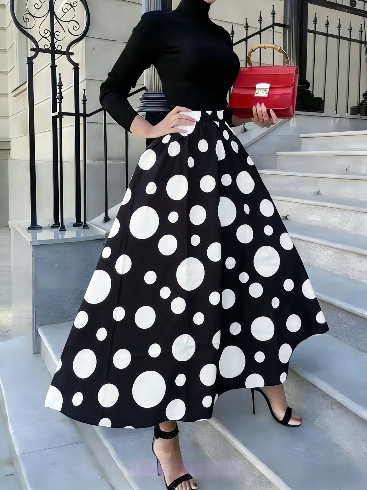 Polka Dot Full Sweep Maxi Skirt - Black