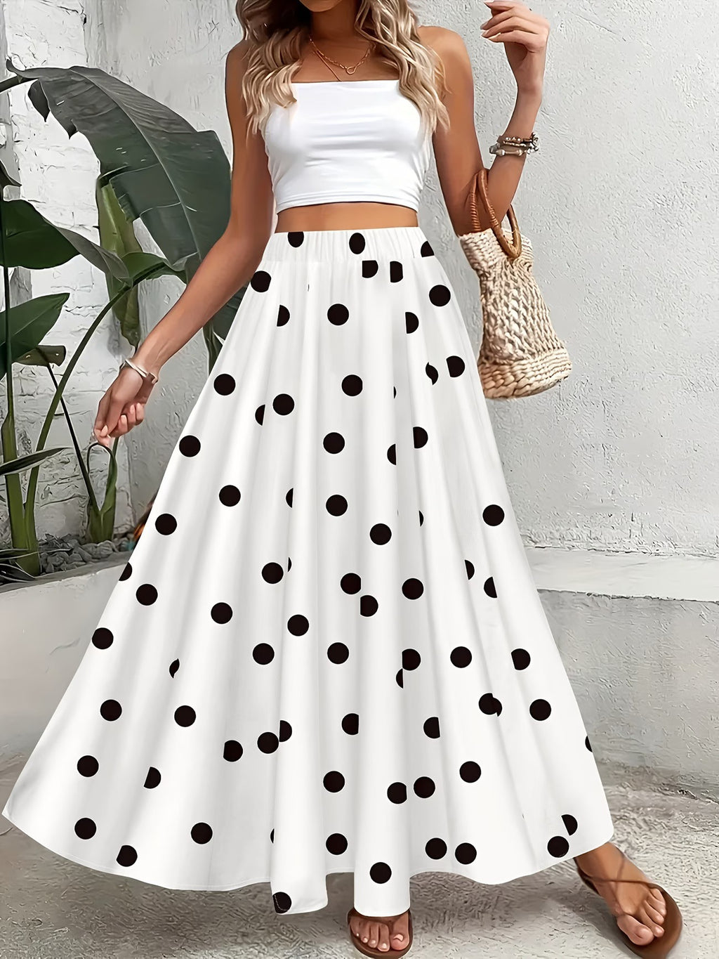Polka Dot Full Sweep Maxi Skirt - White