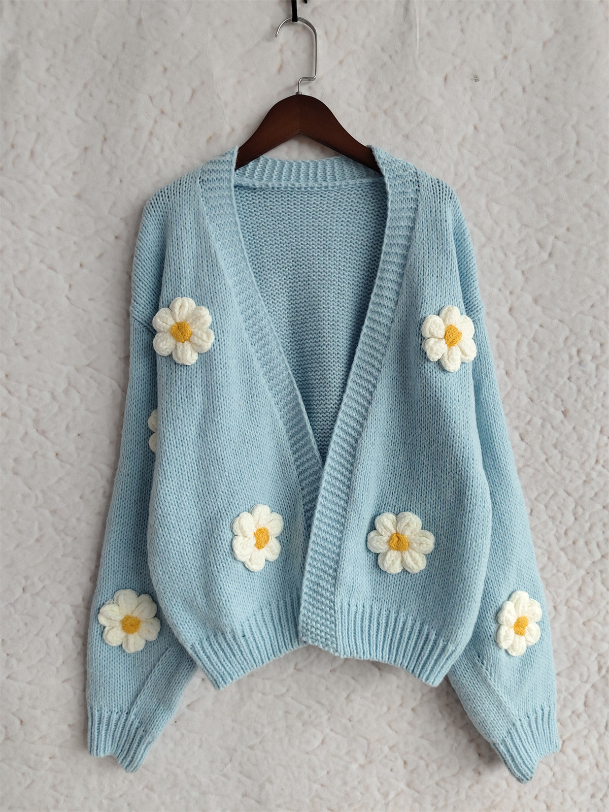 Daisy Applique Oversized Chunky Knit Cardigan - Blue